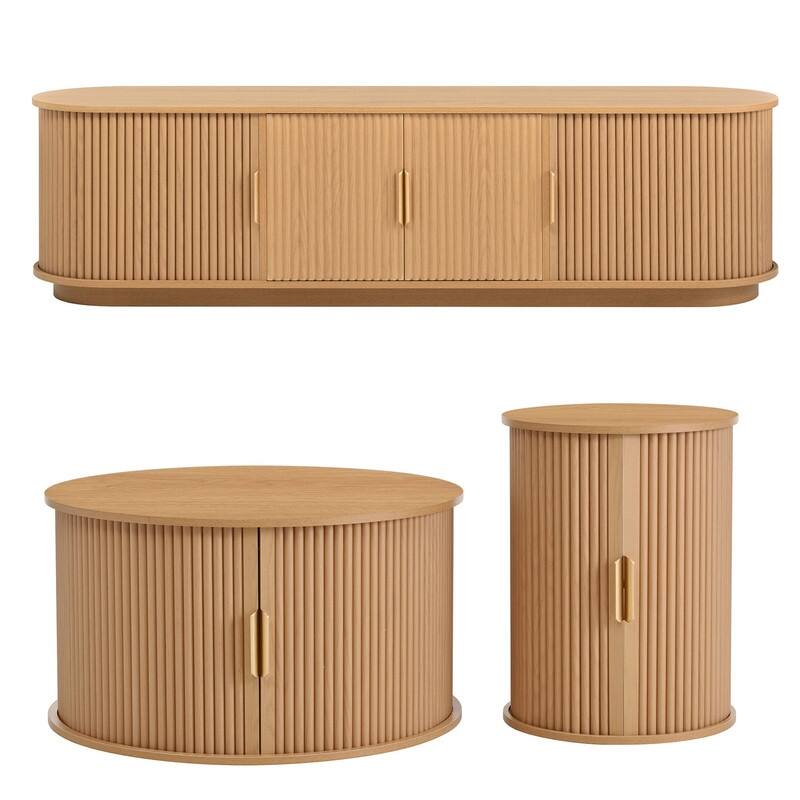 Mid Century Modern 74.8" TV Stand & Coffee Table Set for TVs up to 75", Wooden Media Console with Fluted Sliding Doors