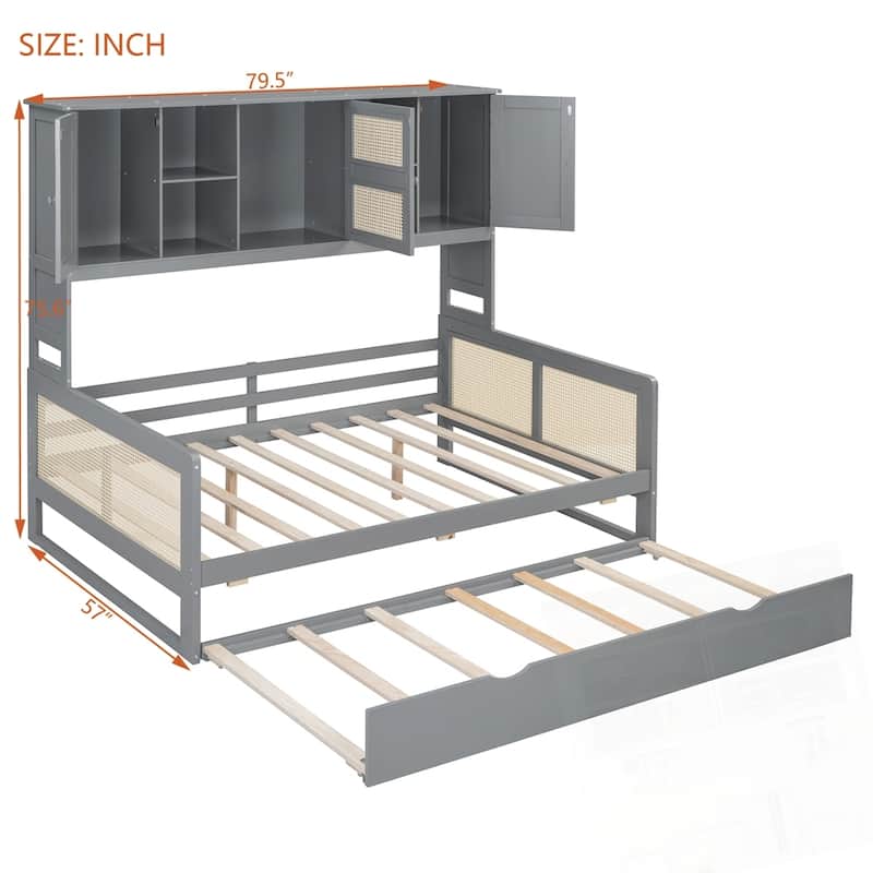 Wooden Daybed With Twin Size Trundle and All-in-One Cabinet and Shelf