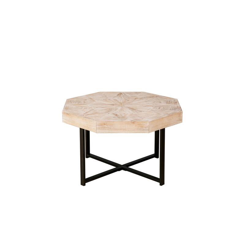 Vintage Center Table Octagonal Coffee Table Living Room End Table with Patchwork Solid Wood Tabletop and Crossed Metal Legs