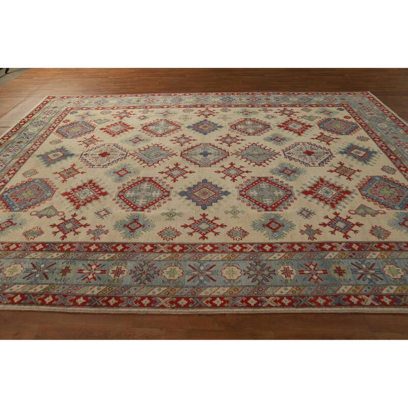 Hand Knotted Oriental 100% Wool Carpet Traditional Geometric Beige & Ivories Kazak Area Rug - 11' 11'' X 8' 10''