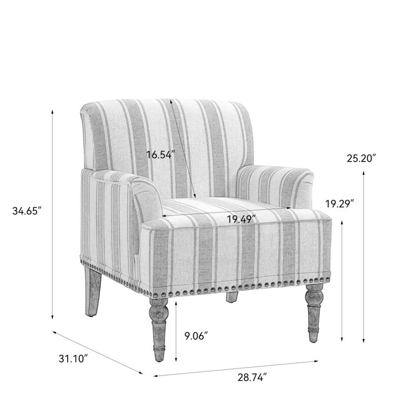 Striped Upholstered Linen Armchair with Brass Nailhead Trim