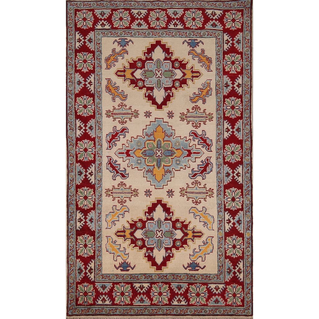 Geometric Kazak Oriental Foyer Area Rug Handmade Wool Carpet - 4'0" x 6'8"