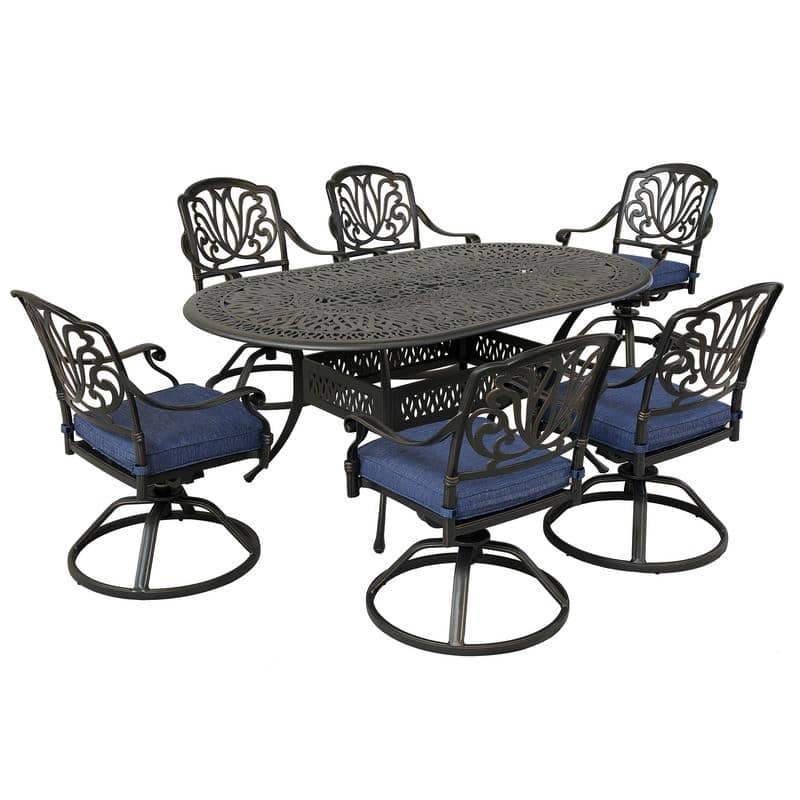 Manasquan 7-piece Gunmetal Aluminum Oval Dining Set with Swivel Chairs by Havenside Home - Dessert Night/Navy Blue