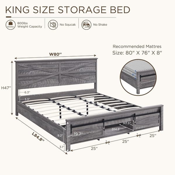 Farmhouse King Size Wood Bed Frame with Sliding Barn Door Storage - Bed ...