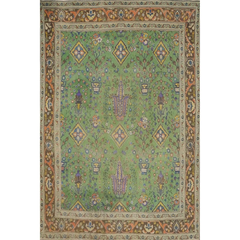 Hand Knotted Oriental 100% Wool Carpet Traditional Floral Green Tabriz Area Rug - 11' 0'' X 8' 6''