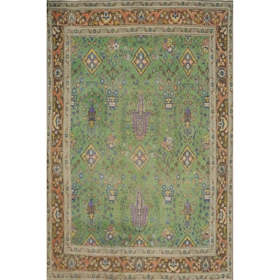 Hand Knotted Oriental 100% Wool Carpet Traditional Floral Green Tabriz Area Rug - 11' 0'' X 8' 6''