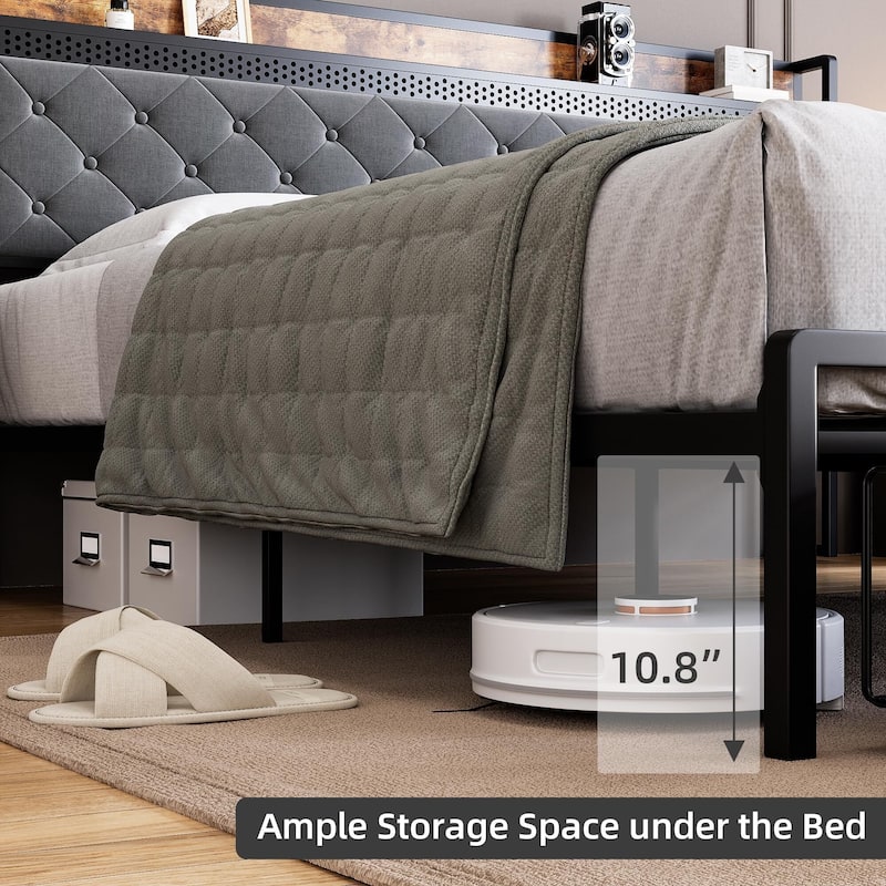 Bed Frame with Storage Headboard and 2 Drawers LED Lights