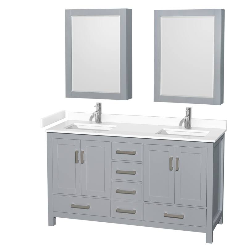 Sheffield Double Bathroom Vanity Set, Cultured Top, Medicine Cabinets - 60-Inch Double - Gray, White Cultured Marble Top, Chrome Trim