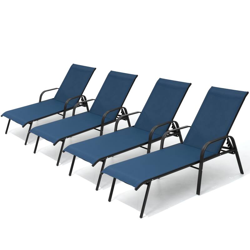 Outdoor Patio Lounger Adjustable Chaise Lounge Chairs with Arms (Set of 2/4) - Navy Blue - 4PC