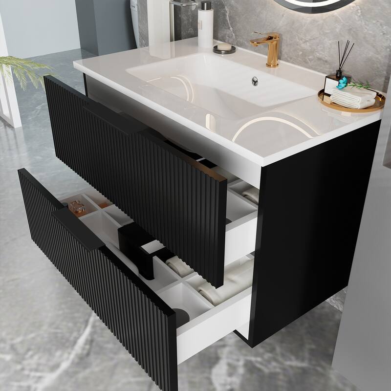 36" Floating Bathroom Vanity with Ceramic Sink - Wall Mounted Fluted Vanity Cabinet with Drawers, Modern Design