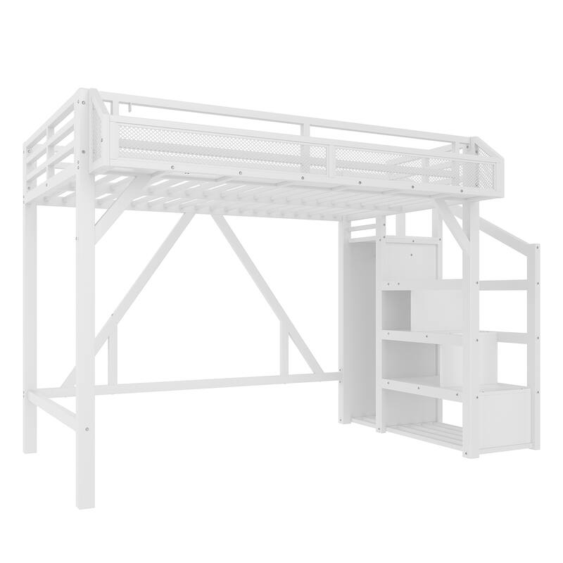 Twin XL Loft Bed with Storage Stairs, Shelves and Built-in Wardrobe, Metal Loft Bed Frame with USB Ports and LED Lights
