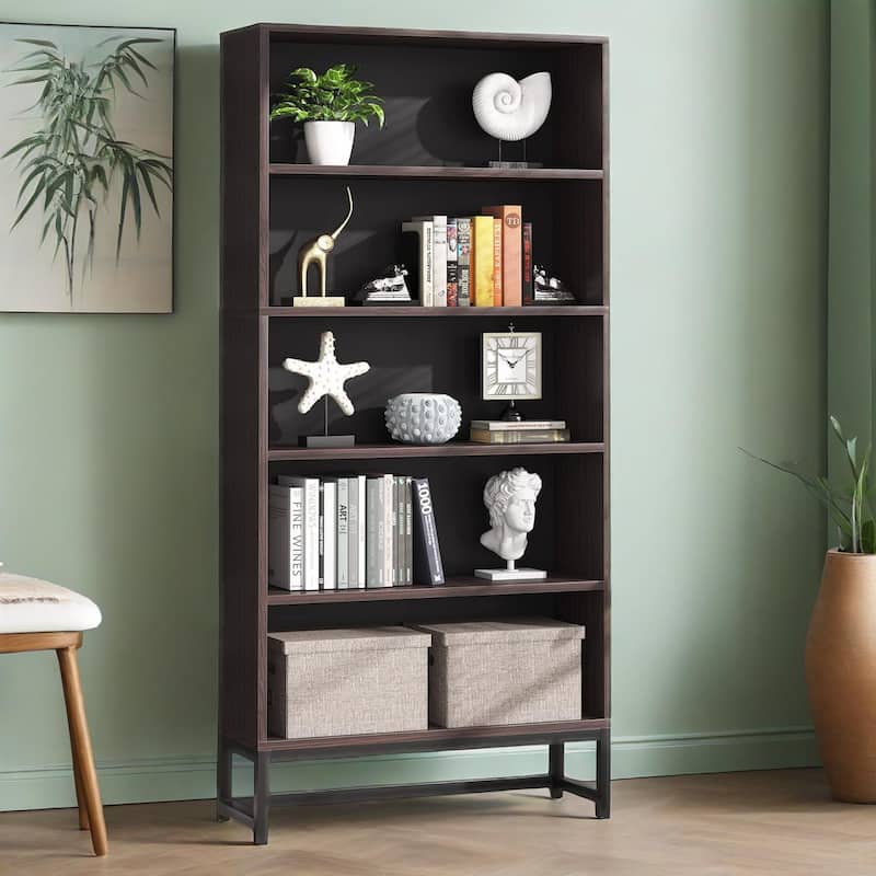 5-Tier Tall Bookshelf with LED Lights Adjustable Shelves Heavy Duty Metal Frame for Home Office Library Storage
