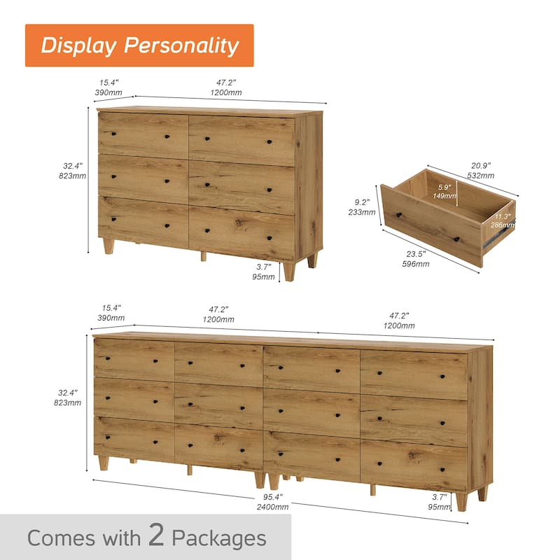 6 Drawers Dresser for Bedroom, Wooden Wide Chest of Drawers