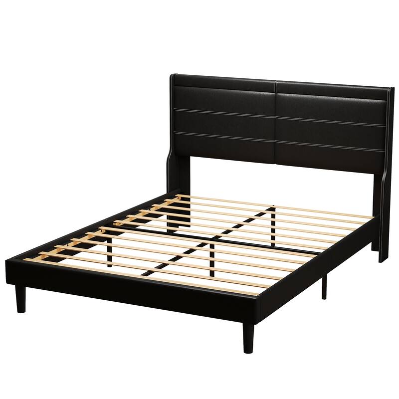 Black PU Leather Queen Platform Bed with UnderBed Lighting, WingBack