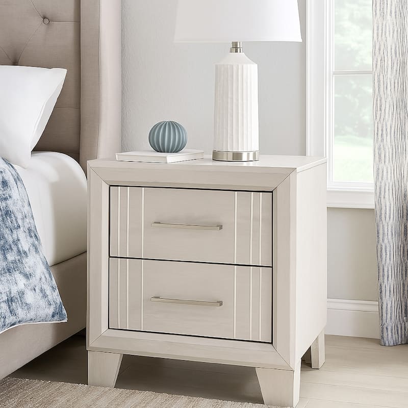 Charie Nightstand with 2 Drawers, Tapered Legs, Silver Metal, White Wood