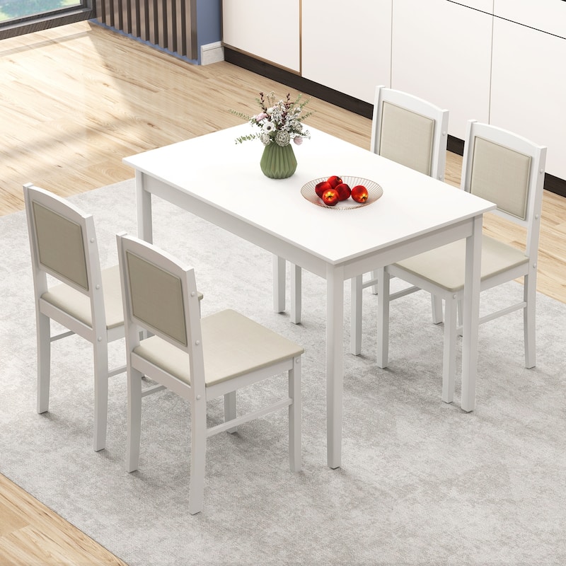 Gymax 5 PCS Dining Table Set for 4 w/Rubber Wood Legs Upholstered Seat