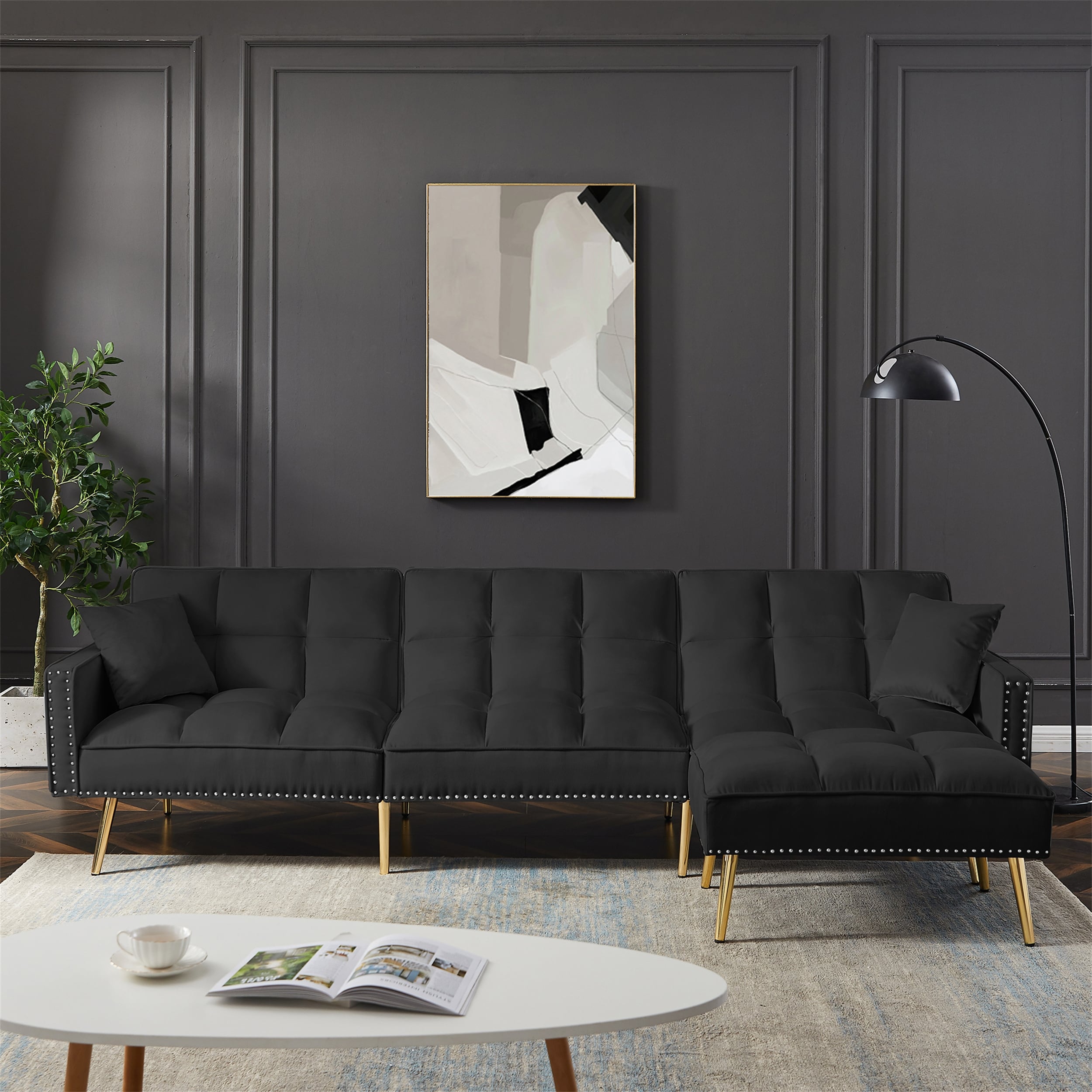 Reversible L-Shaped Sectional Sofa with Ottoman,Adjustable Backrest - 107W"x34"Dx32"H