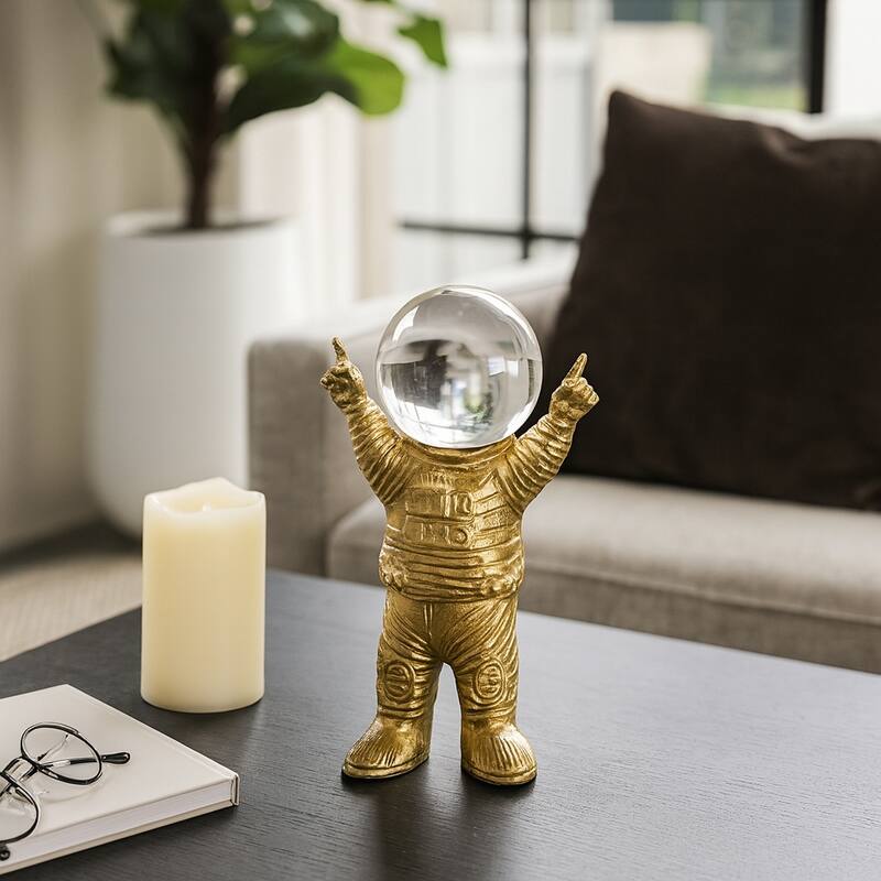 Decorative Metal Astronaut Figurine - Glass Orb Head - 9", Gold - 9.0"