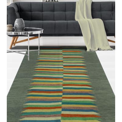 Hand-Woven Winchester Kilim Khaleeq Rust/Blue Rug - 4'0" x 5'10"