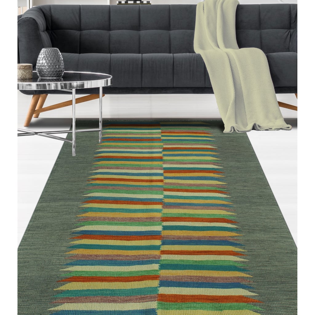 Hand-Woven Winchester Kilim Khaleeq Rust/Blue Rug - 4'0" x 5'10"