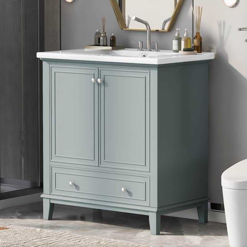 GDFStudio - Emerson 30-Inch Freestanding Bathroom Vanity with Ceramic Sink, Multi-functional Cabinet and Drawer