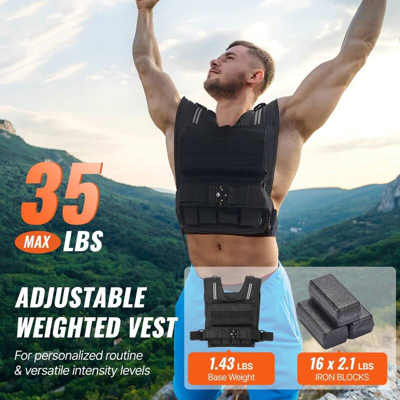 Black Nylon Weighted Vest with Metal Buckle and Reflective Stripes - 35 lbs
