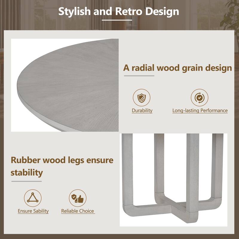 5-Piece Retro Dining Set, Round Table Top with Radial Wood Grain Design and 4 Upholstered Chairs for Dining Room and Kitchen