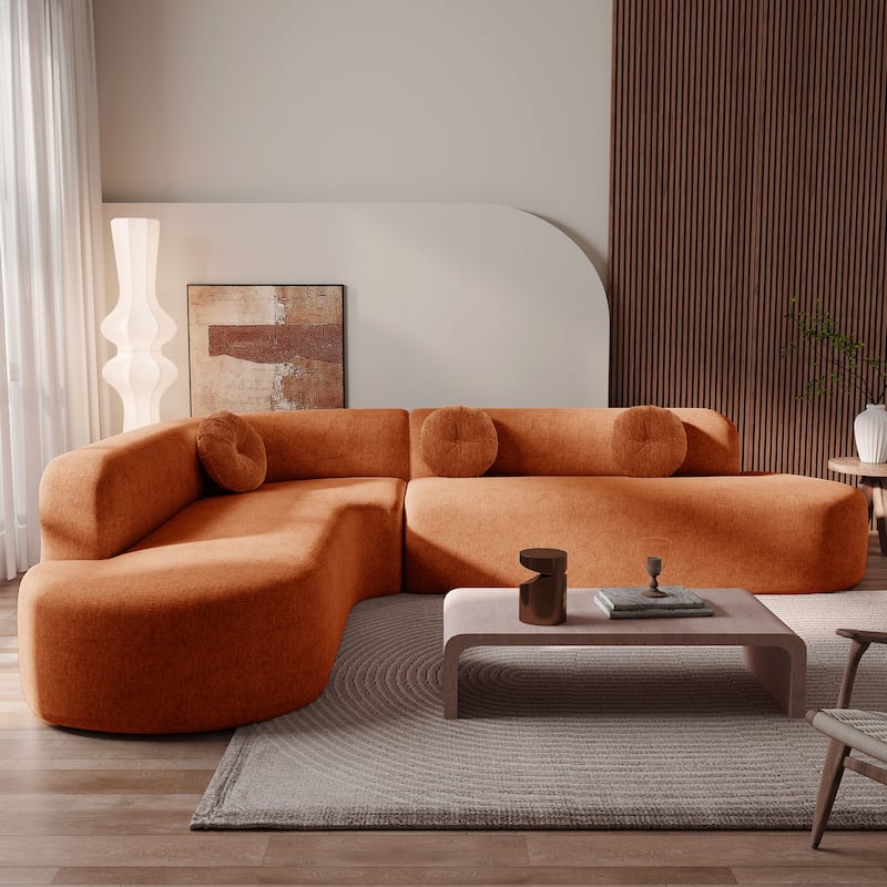 Curved Floor Sectional Chaise Sofa L-shape Corner Recliner Couches with 3 Round Pillows, Large Lounger Couches for Living Room