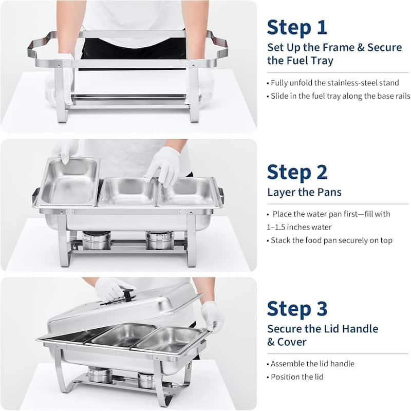 2-Pack Stainless Steel Buffet Server Set 3-Well Rectangular Chafing Dish