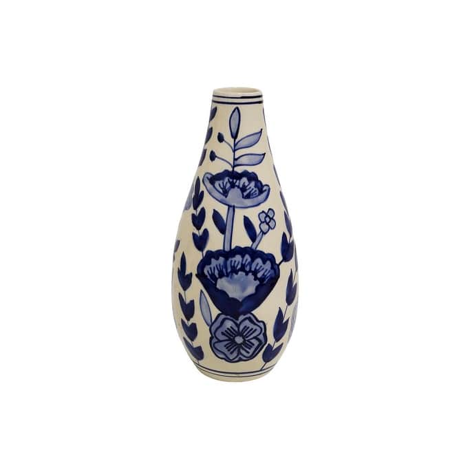 Home&Manor Ceramic Slim Vase White/Blue