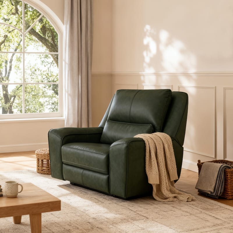 53.5" W Top Grain Leather Triple-Power Recliner with Zero Gravity, USB & Type-C Charging - Emerald