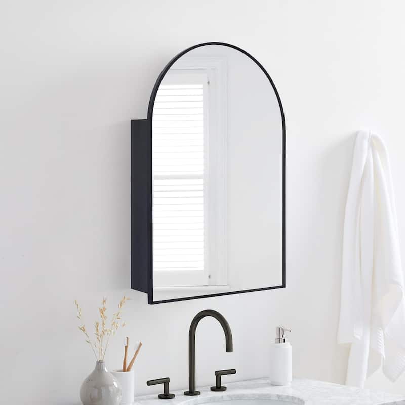 TEHOME Arched Bathroom Medicine Cabinet with Mirror Recessed and Surface Mount Medicine Cabinet Mirror - 20" x 30" - Black