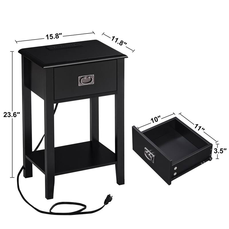 Javlergo Set of 2 Wooden Nightstand with Charging Station, Side End Table with USB Drawer and Open Storage Shelf