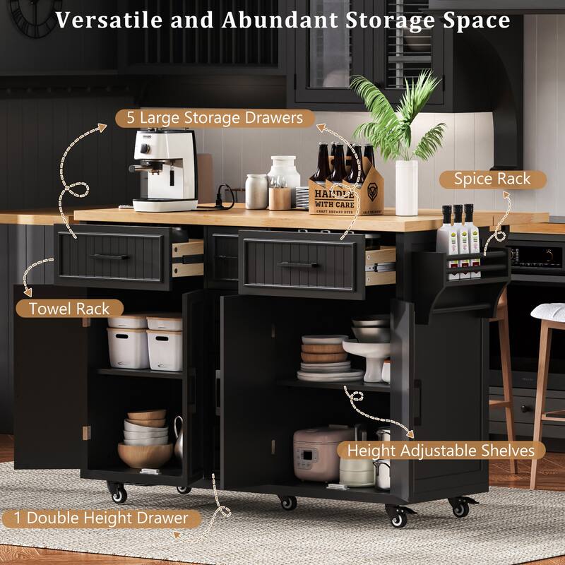 56.5'' Rubber Wood Kitchen Island with Drop Leaf, Power Outlet, Rolling Wheels, 5 Deep Drawers and Adjustable Shelves