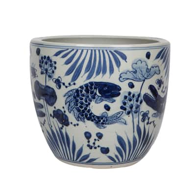 Blue And White Porcelain Planter Lotus Fish Motif