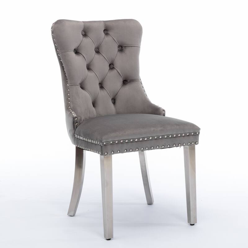 Set of 2 Contemporary High-End Tufted Upholstered Dining Chair with Nailhead & Stainless Steel Legs