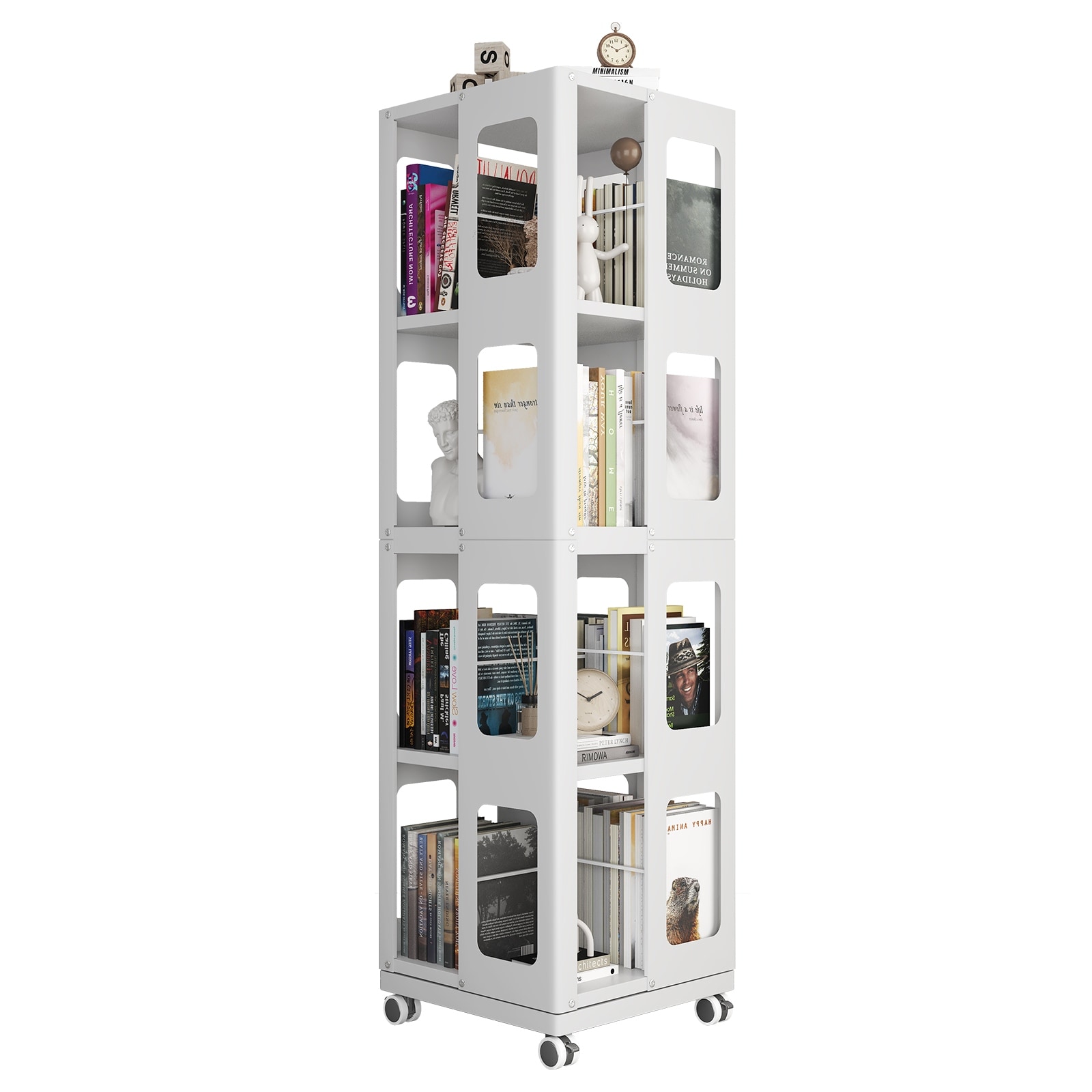 4-Tier All-Steel Rotating Bookshelf with 360° Wheels for Home, Office