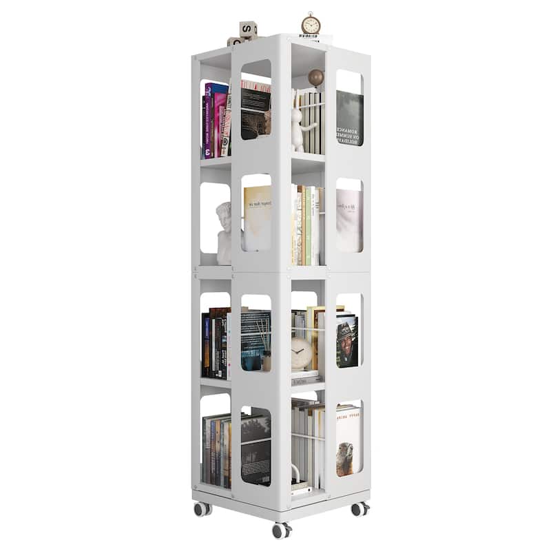 Modern 4-Tier Rotating Bookcase – 360° Swivel Wheels For Easy Mobility, Extra-Large All-Steel Construction .