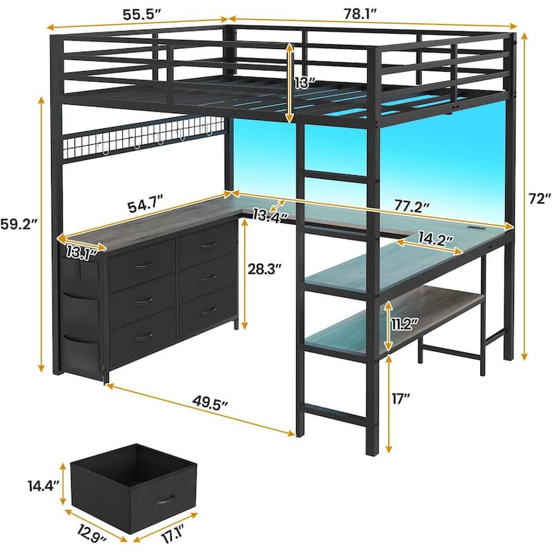 Loft Bed with Full Size U-Shaped Desk 6 Drawers Power Outlet 2 Storage Shelves