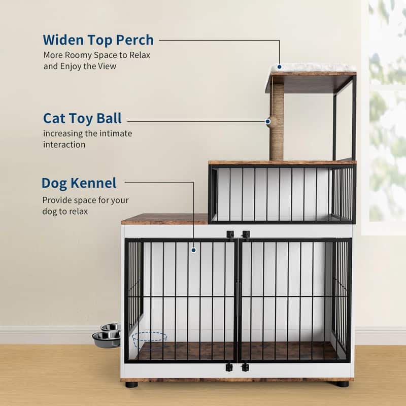 2-in-1 Dog Crate & Cat Tree - XL Wooden Pet Furniture w/Scratching Post & Bowls for Homes w/Both Dogs & Cats