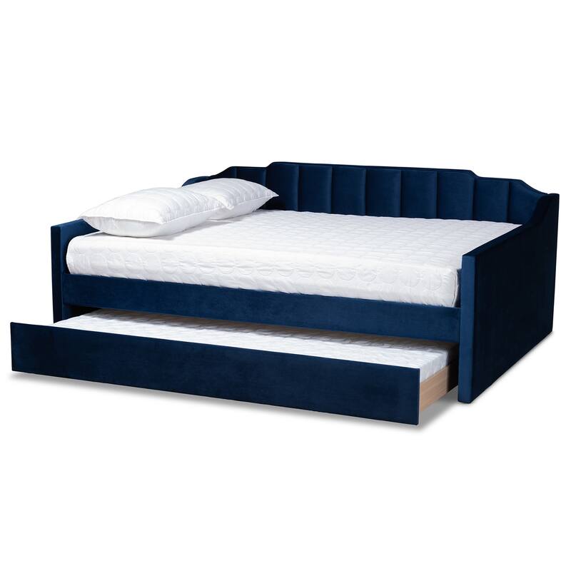 Modern Daybed with Trundle - Navy Blue Velvet Upholstered Full Size Bed Frame - Bedroom Platform Bed