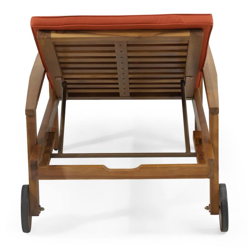 Outdoor solid wood frame chaise lounge with rollers and cushions