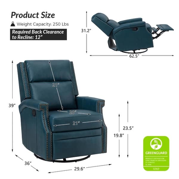 dimension image slide 0 of 13, Echidna 29.6" Transitional Genuine Leather Swivel Rocker Nursery Chair with Nailhead Trim by HULALA HOME