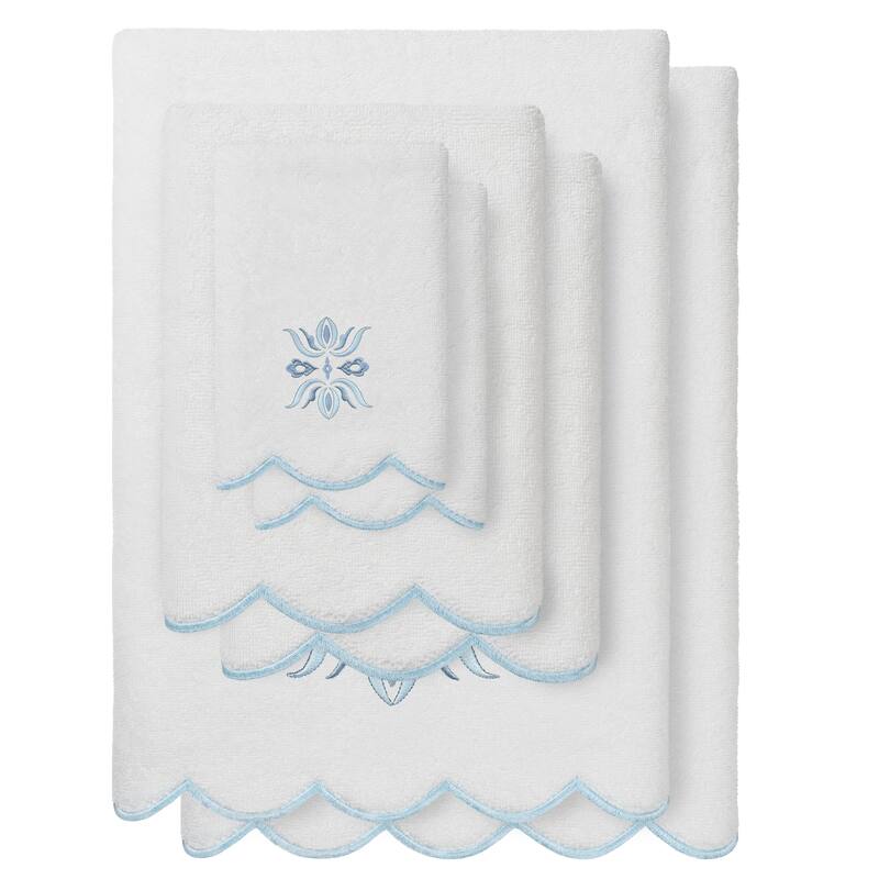 Authentic Hotel and Spa 100% Turkish Cotton FLOWER CREST Scallop Towel Collection - White/Blue - 6 Piece Set