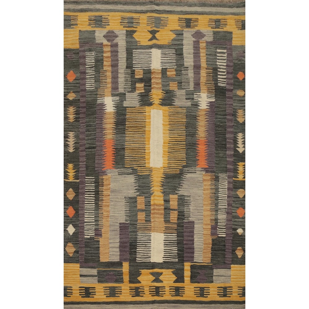 Hand Woven Oriental 100% Wool Carpet Southwestern Tribal Greys & Charcoal Kilim Area Rug - 5' 8'' X 3' 8''