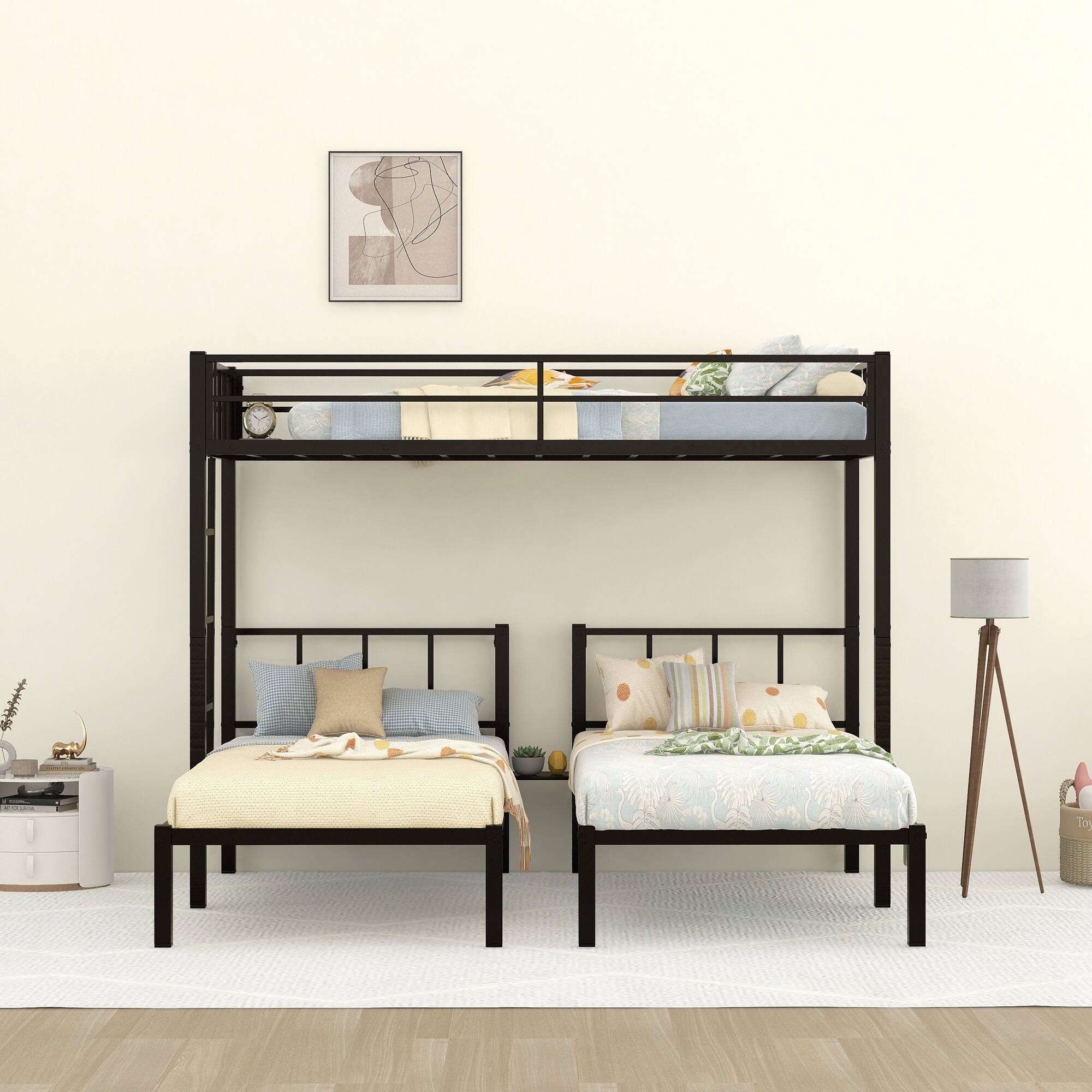 Detachable Triple Bunk Bed with Guardrails and Exchangeable Ladder for