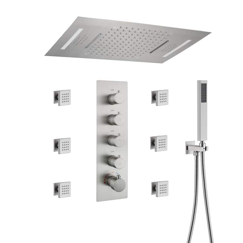 Luxury 4-Spray Patterns 23 in. Ceiling Mount Shower System with Handheld Shower Head, 6 Body Jets, LED, and Music - 15" x 23"