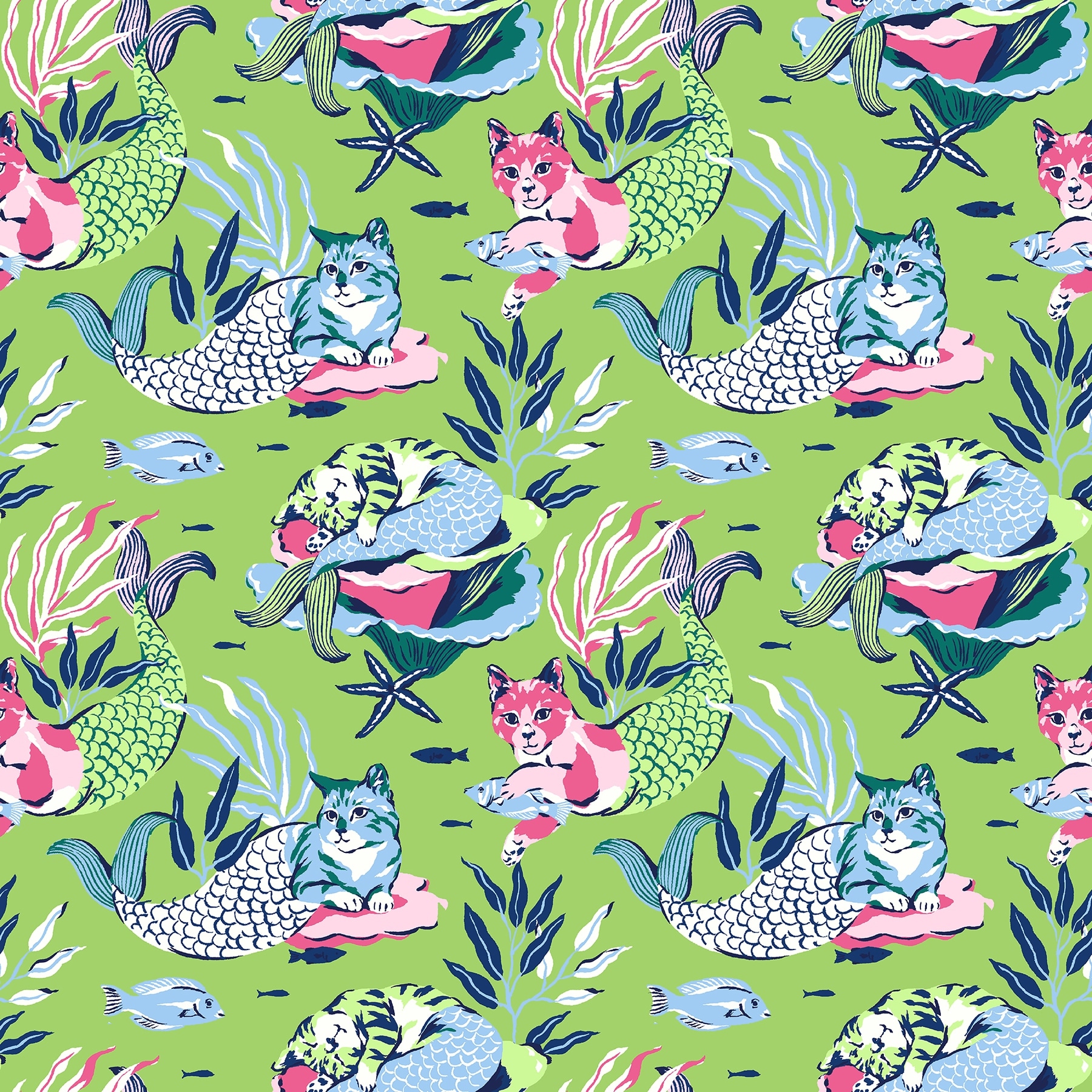 PrintFresh Meowing Mermaids Lime Green Peel and Stick Wallpaper