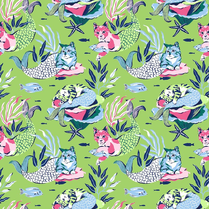 PrintFresh Meowing Mermaids Lime Green Peel and Stick Wallpaper