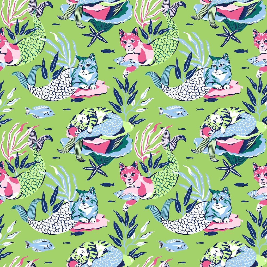 PrintFresh Meowing Mermaids Lime Green Peel and Stick Wallpaper